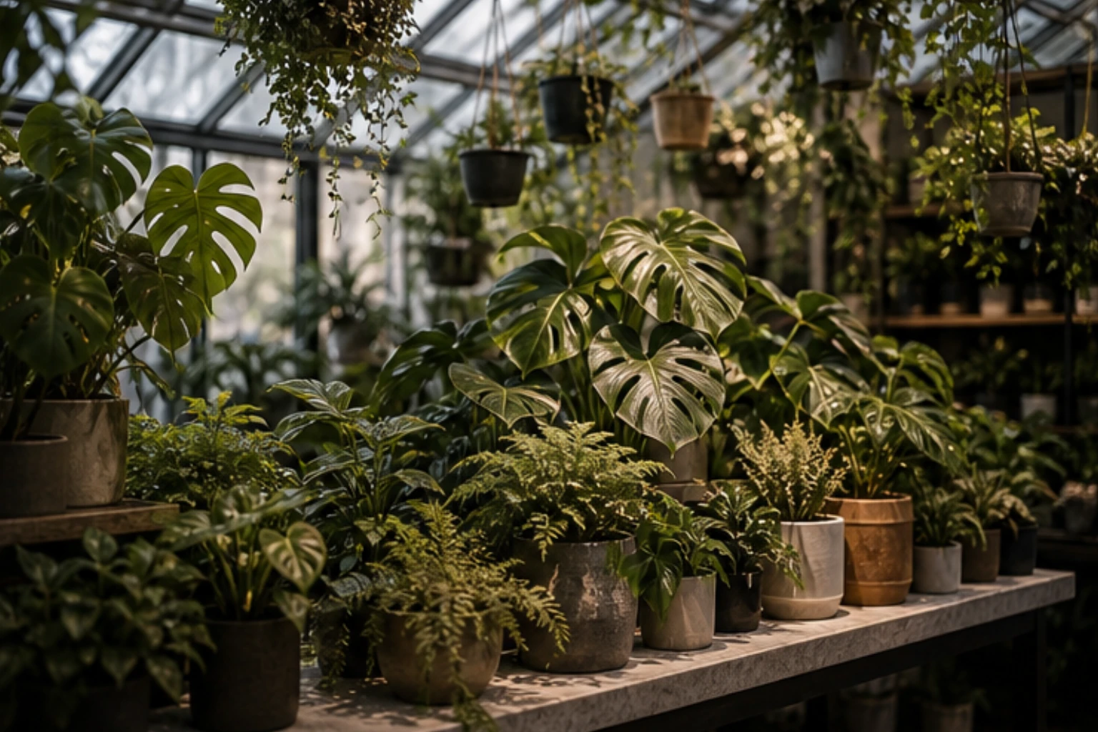greenhouse table with layered houseplants filtered daylight and calm botanical styling