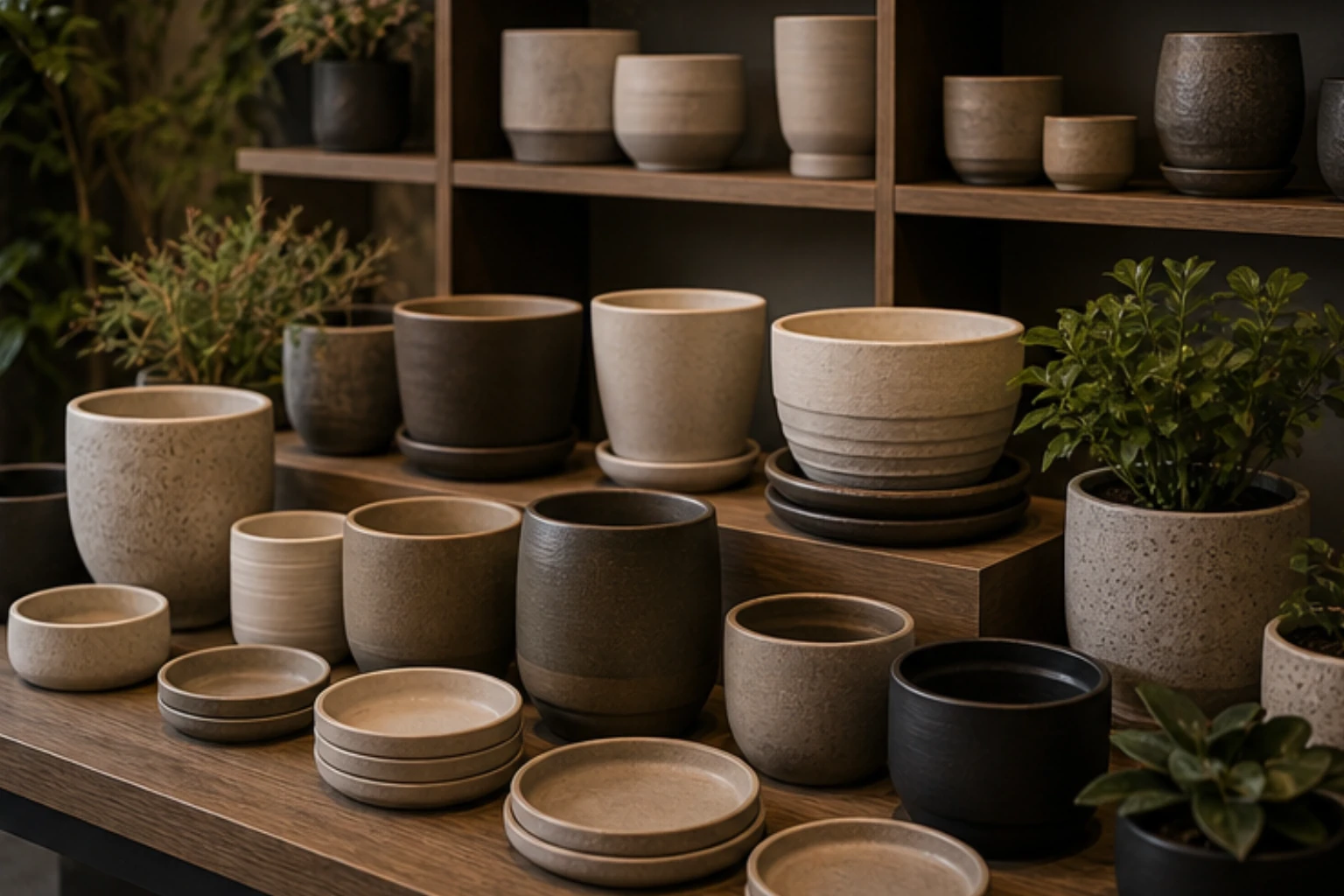 ceramic pot display with matte vessels trays saucers and gentle home styling