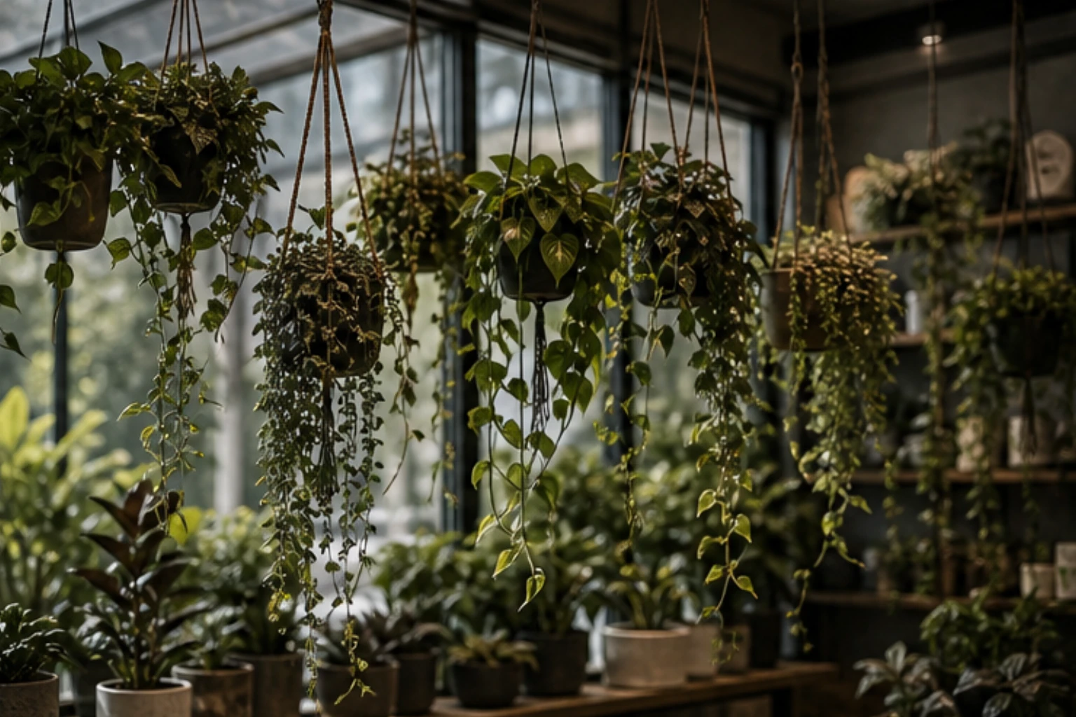 hanging vine display with trailing plants ceiling hooks and soft window light
