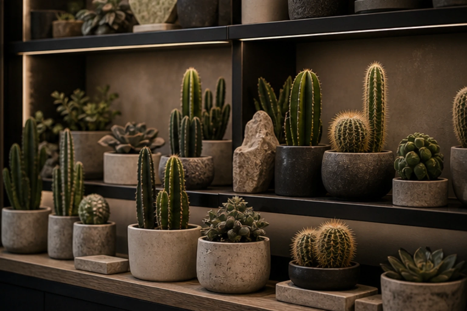 cactus shelf with desert plants stone textures and precise shelf spacing