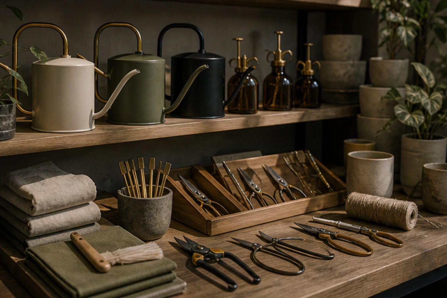 plant care tool display with watering cans misters shears and linen accessories