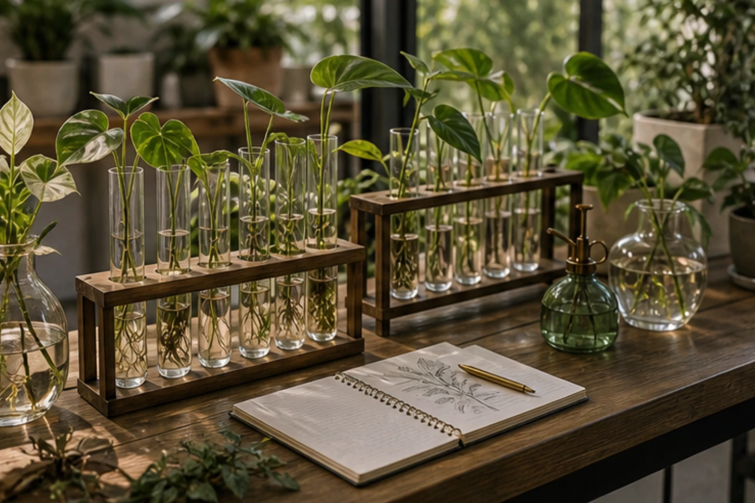 propagation bar with glass tubes cuttings roots and bright botanical bench styling