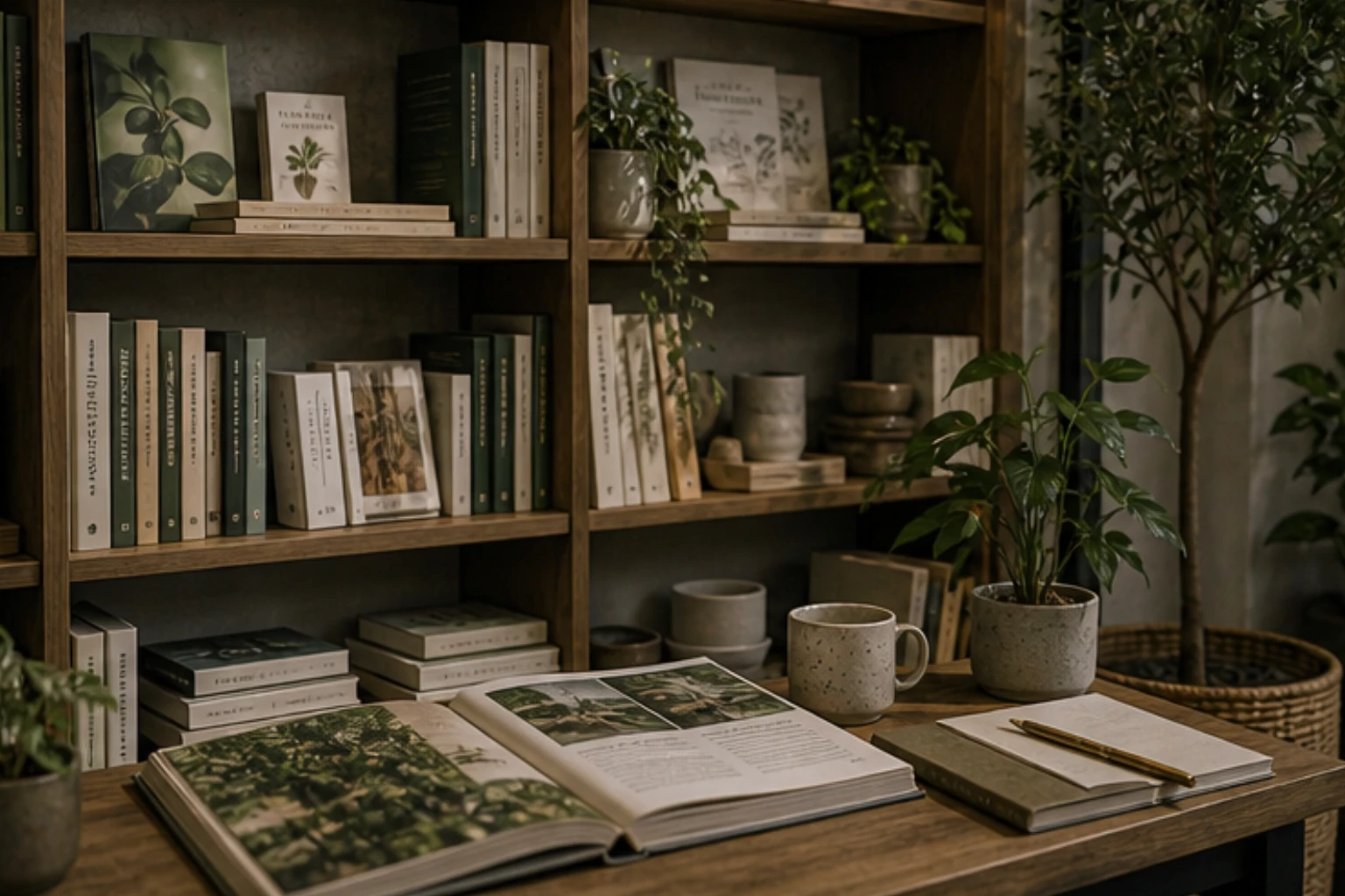 plant book corner with gardening books notes and ceramic accessories