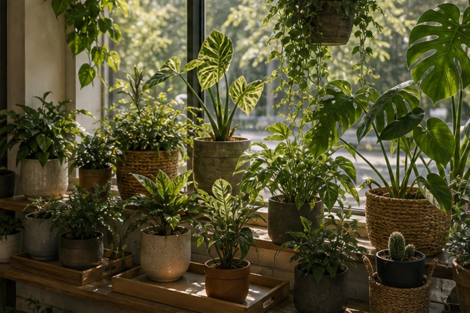 sunlit plant window with layered foliage woven textures and calm morning light