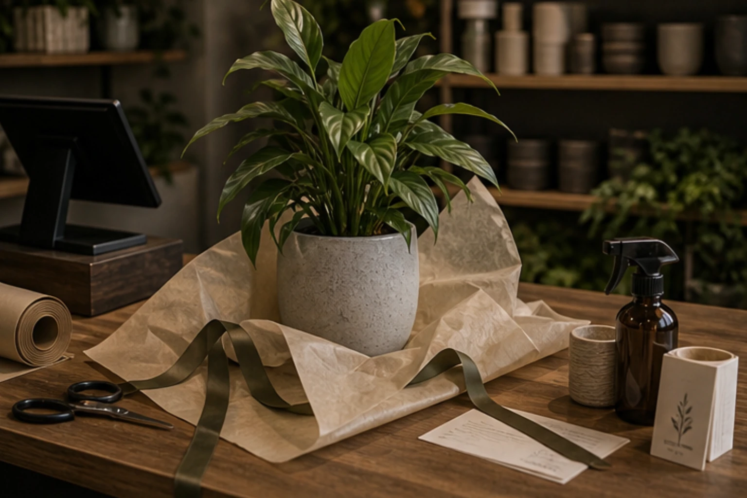checkout wrap scene with potted plant tissue ribbon and boutique handoff styling