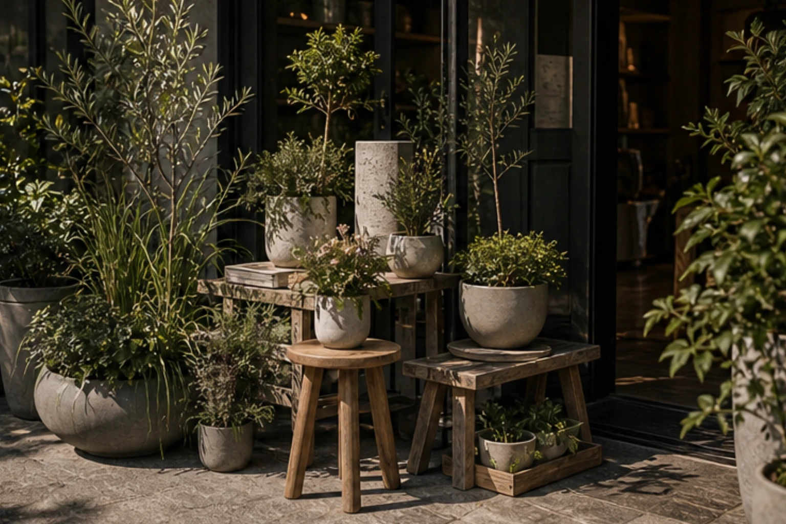 patio plant corner with outdoor pots stools trays and entryway garden mood
