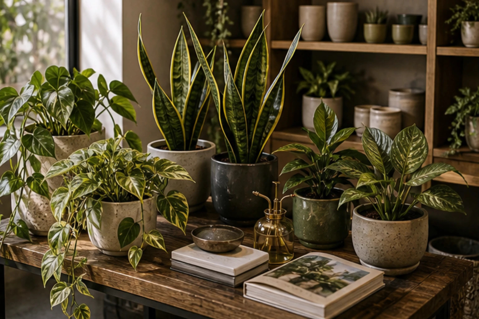 easy care plant collection with pothos sansevieria and calm home styling props