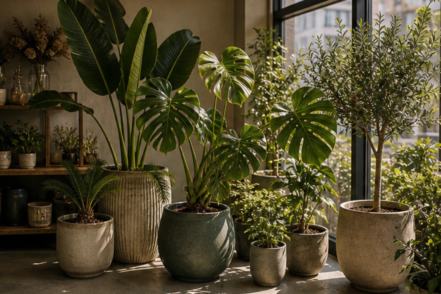 statement plant edit with large foliage feature pots and bright interior light