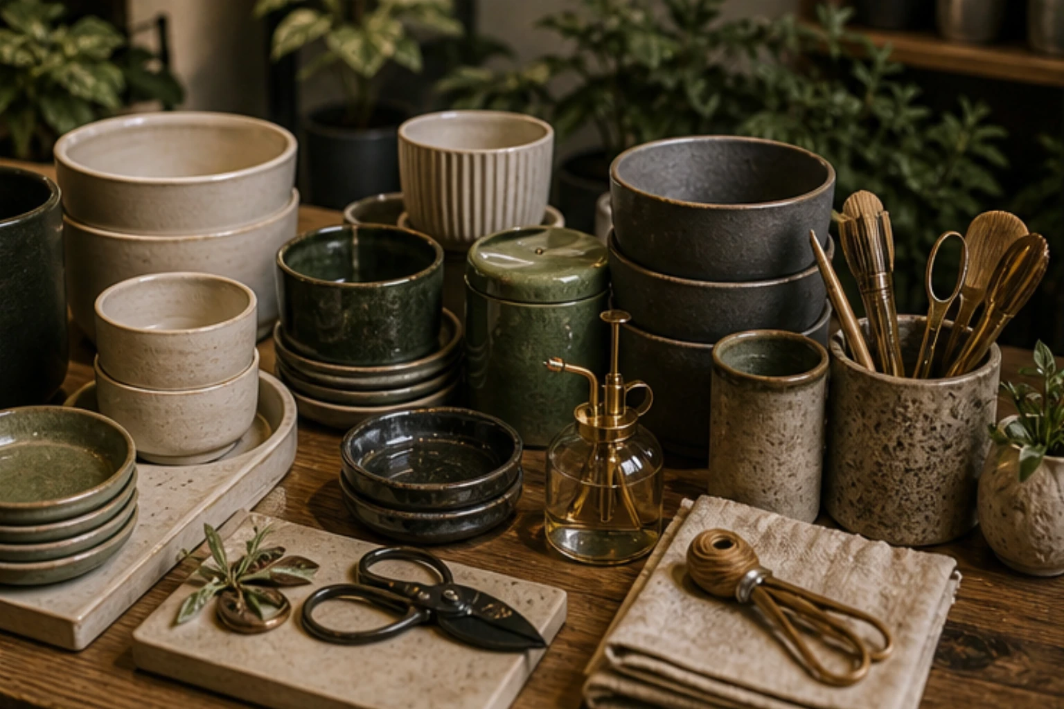 pot and accessory edit with ceramics saucers tools and plant styling details