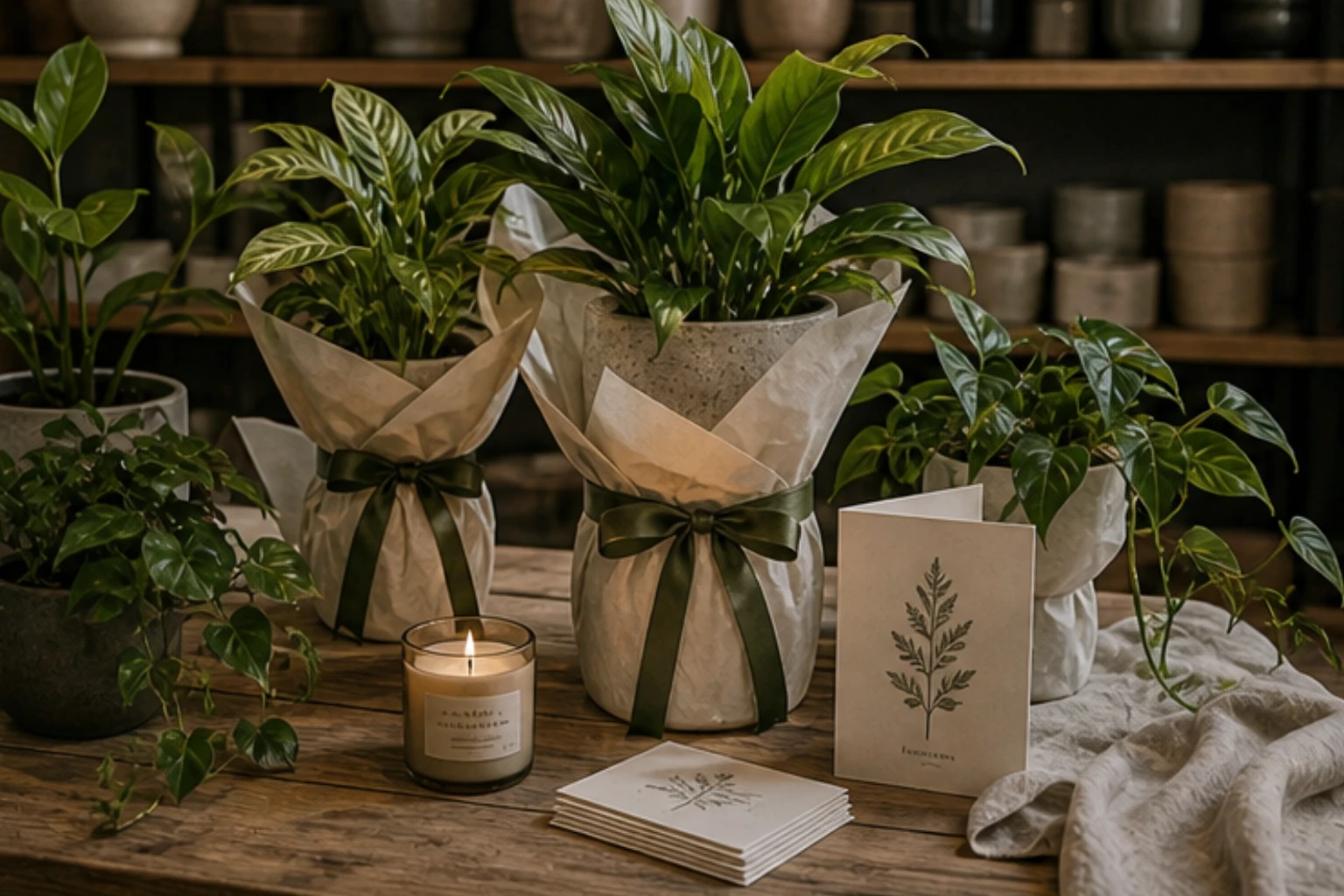 plant gift edit with wrapped pots cards candles and softer housewarming styling